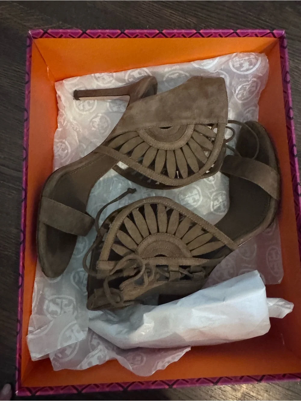 Tory Burch Taupe Suede Cutout Lace-Up Heels
